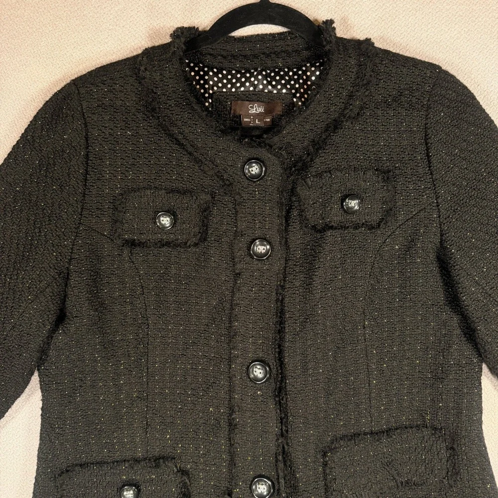 Luii Tweed Wool Blend Coat Large Women Black Gold Metallic Fringed Trim